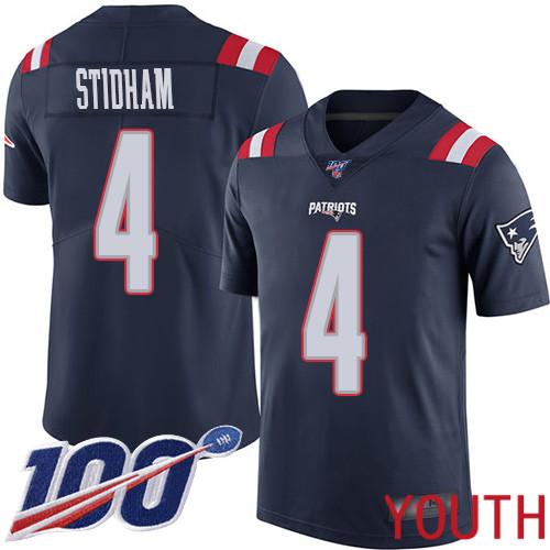New England Patriots Limited Navy Blue Youth #4 Jarrett Stidham NFL Jersey 100th Season Rush